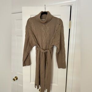 Splendid Taupe Cable-Knit Turtleneck Sweater with Self-Tie Belt